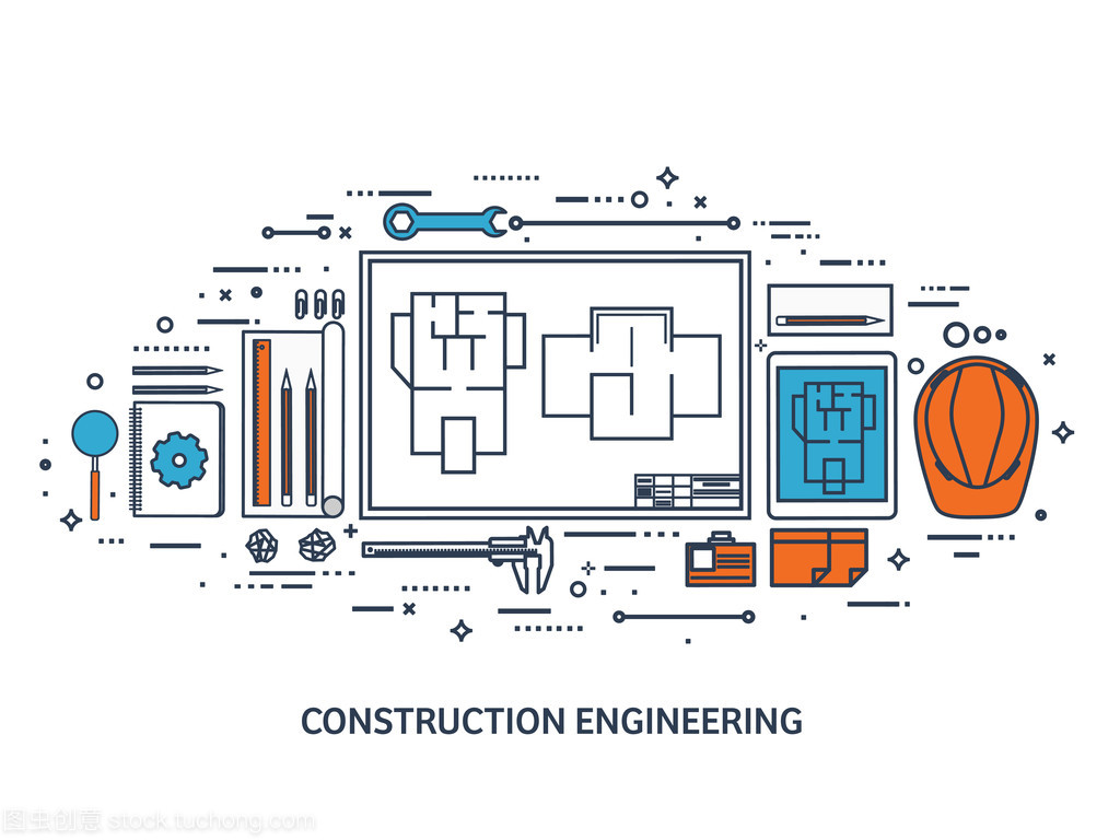 矢量图。工程和建筑。绘图、 施工。建筑项目。设计素描。工作区的工具。规划、 建设。线条艺术