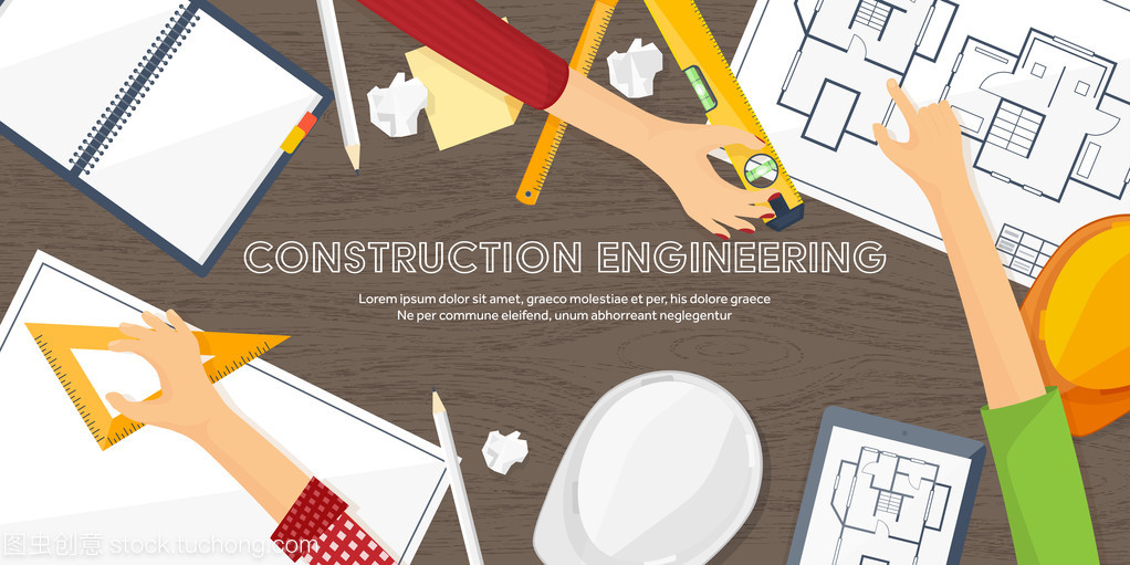 矢量图。工程和建筑。绘图、 施工。建筑项目。设计素描。工作区的工具。规划、 建筑